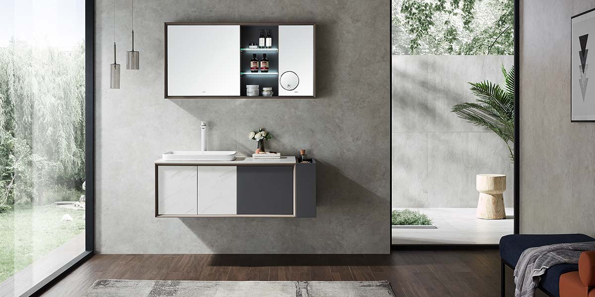 Wall Mounted Gray and White Bathroom Cabinets