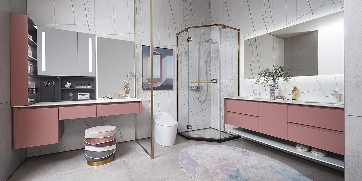 Double Basin Bathroom Vanity in Red Double Basin Bathroom Vanity in Red