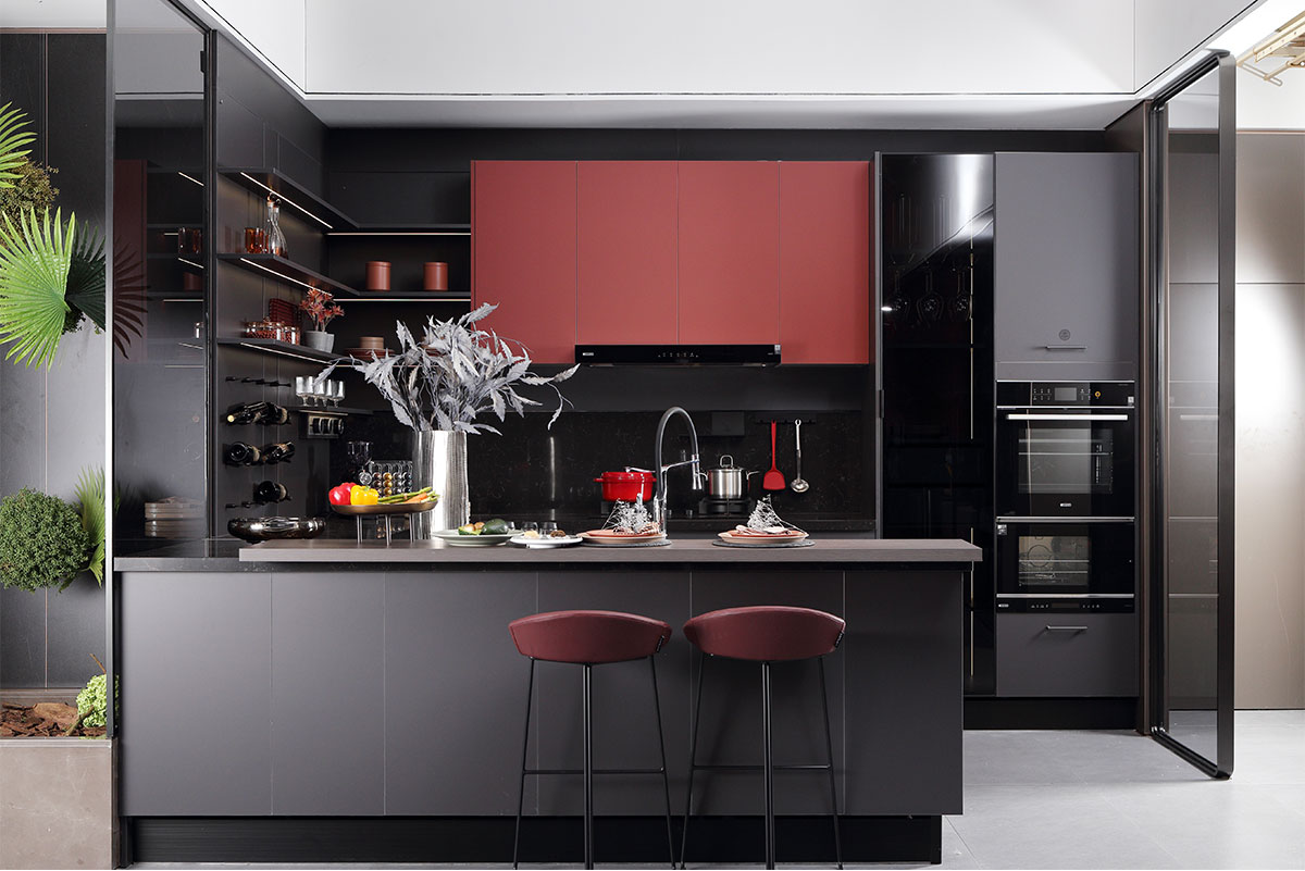 Gray and Red Matte Lacquer Kitchen Furniture Gray and Red Matte Lacquer Kitchen Furniture