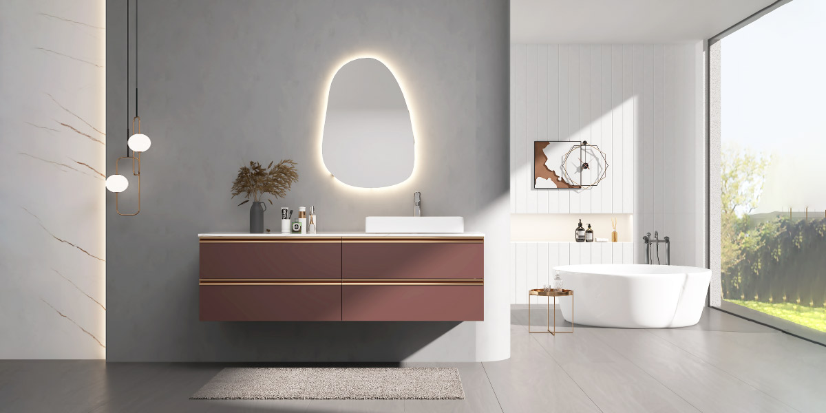 Red Powder Room Vanity with Integrated Handles Red Powder Room Vanity with Integrated Handles