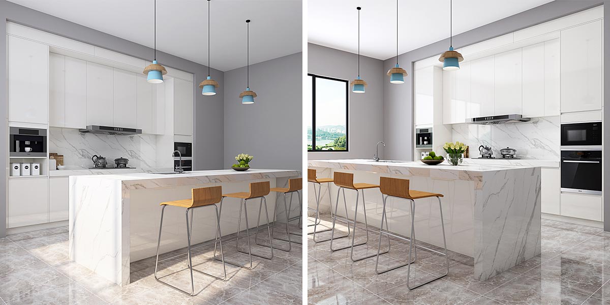 Modern Waterfall Island Kitchen with Quartz Countertop Modern white Waterfall Kitchen Island with Quartz Countertop
