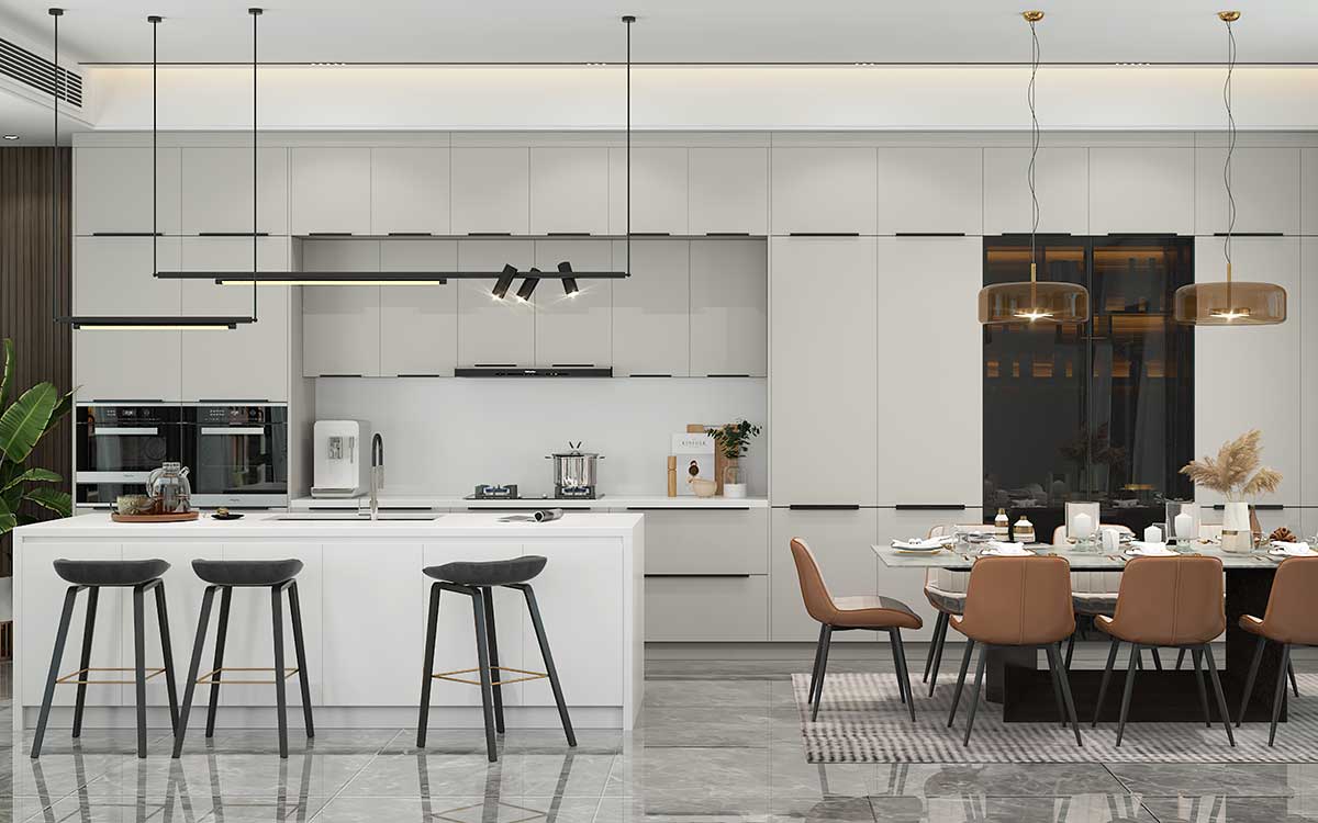 light grey kitchen with white island