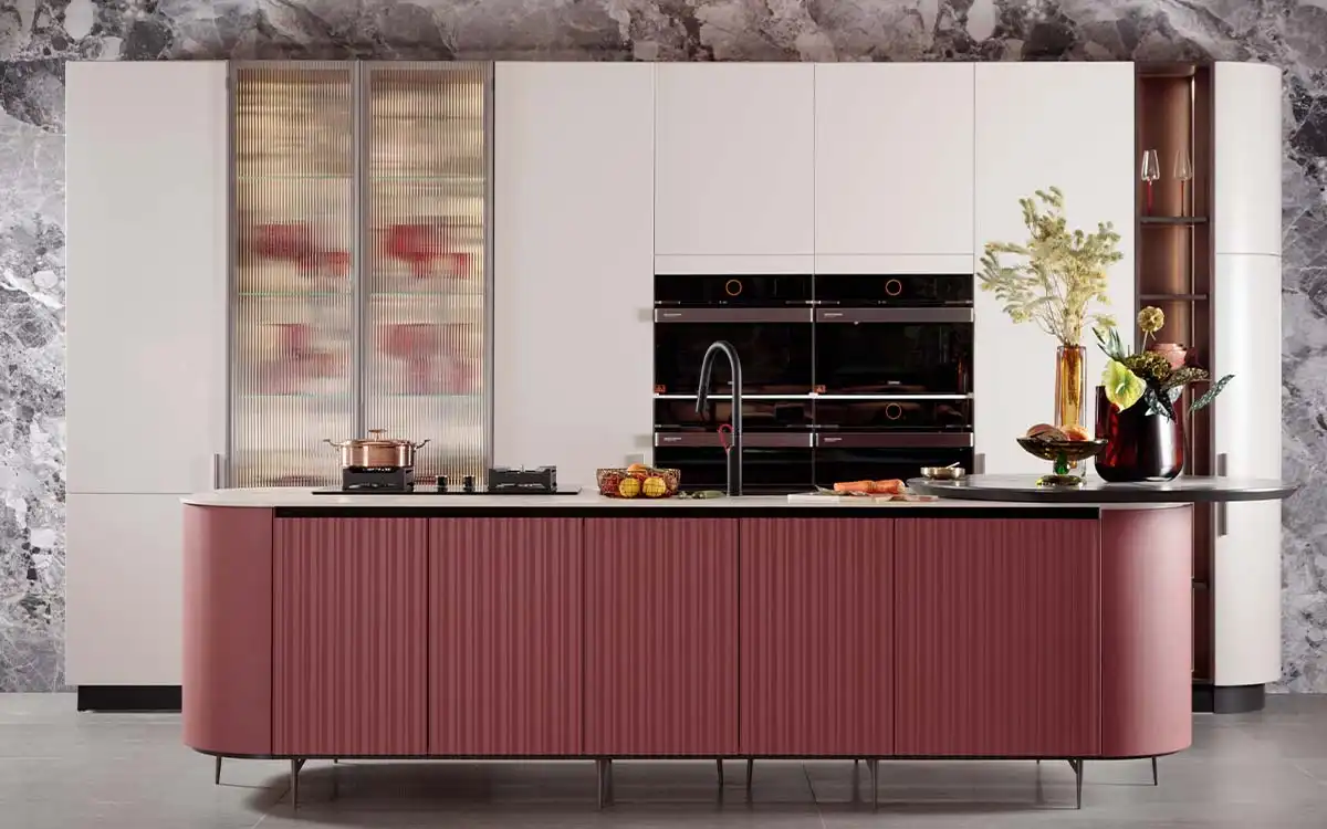 modern white kitchen cabinets with red island