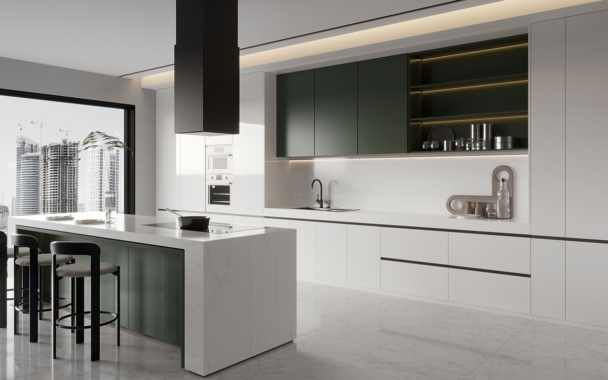 Green and White Flat Front Kitchen Cabinets Green and White Flat Front Kitchen Cabinets