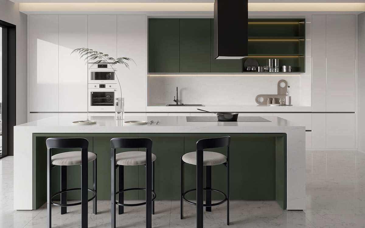 white and green island kitchen design