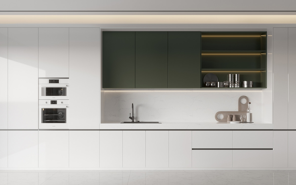 Green and White Flat Front Kitchen Cabinets Green and White Flat Front Kitchen Cabinets