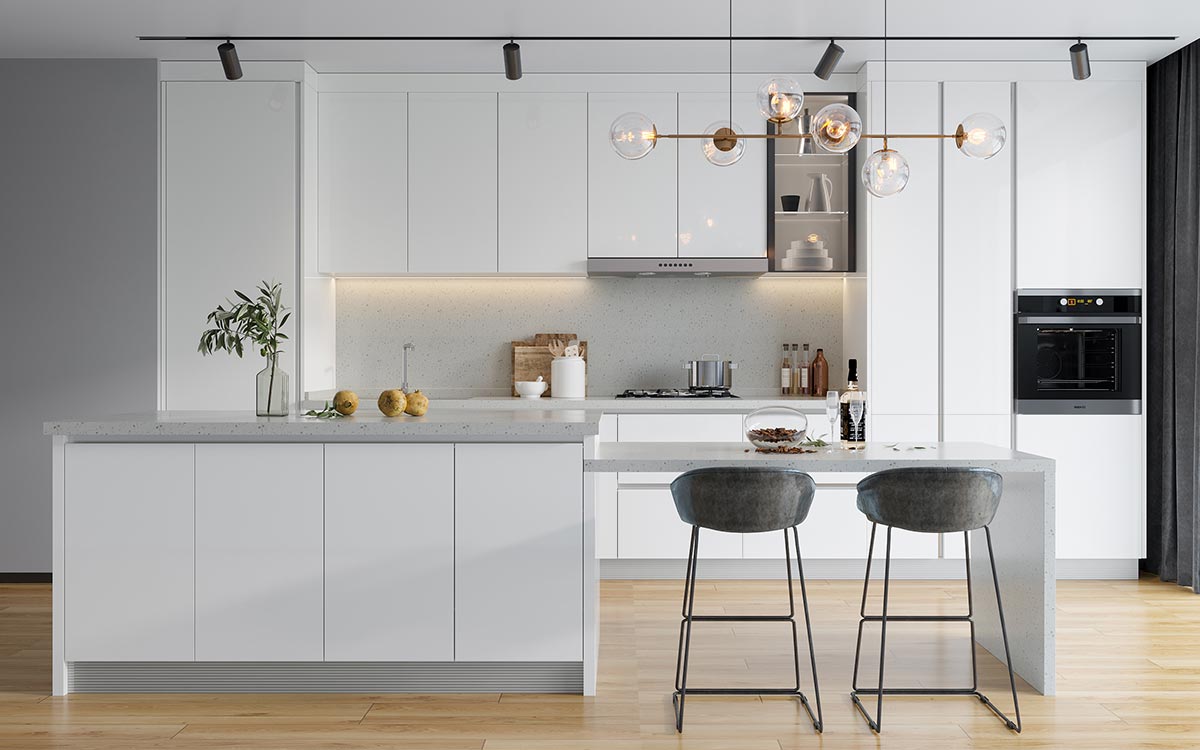 White Kitchen Cabinets with Island