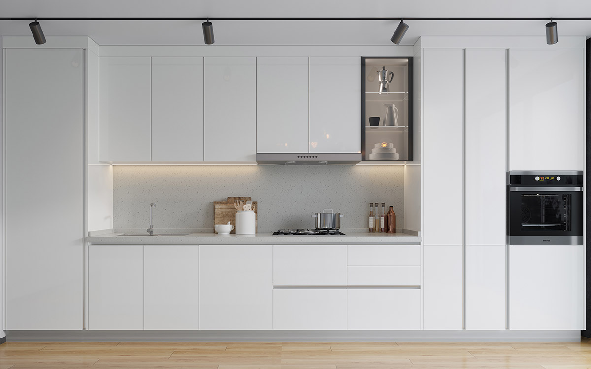 Minimalist Shiny White Kitchen Cabinets with Island Minimalist Shiny White Kitchen Cabinets with Island