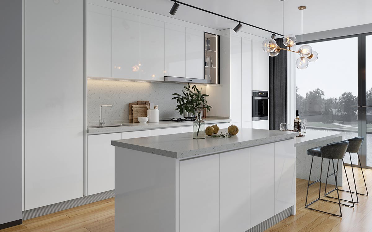 Minimalist Shiny White Kitchen Cabinets with Island Minimalist Shiny White Kitchen Cabinets with Island