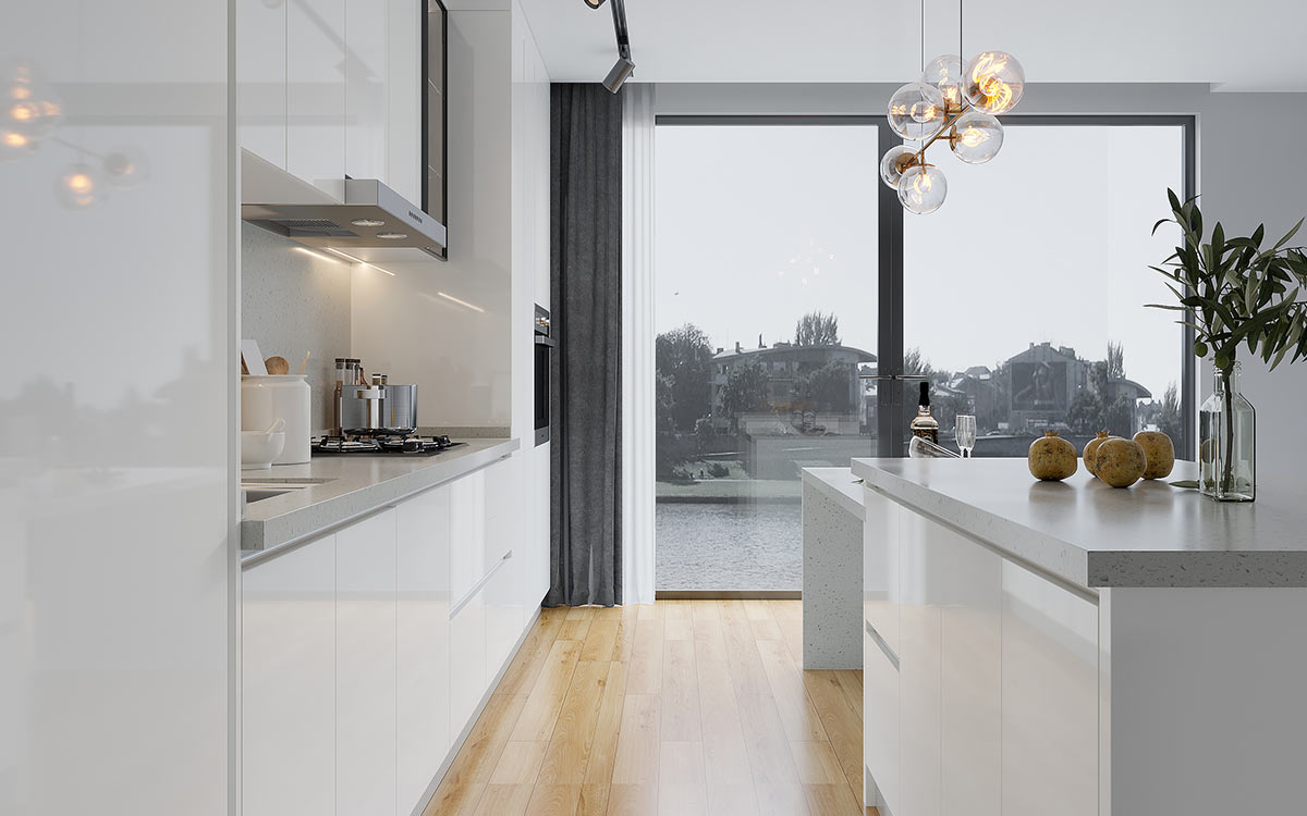 Minimalist Shiny White Kitchen Cabinets with Island Minimalist Shiny White Kitchen Cabinets with Island
