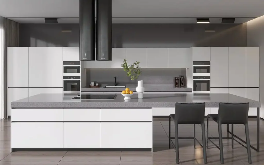 white cabinets with grey countertop