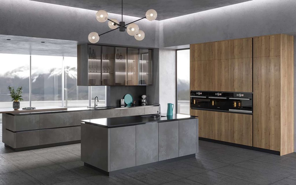 Grey Stone Effect and Wood Kitchen