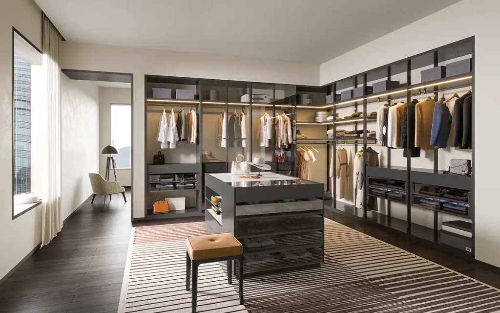 modern dark grey walk in wardrobe with island