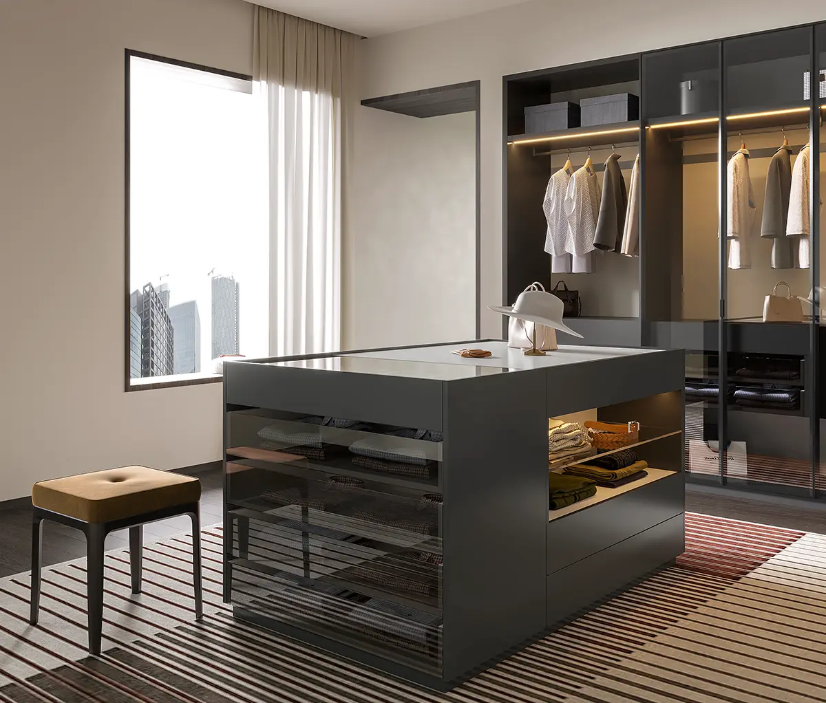 Dark Grey Custom Built-in Closet with Island Dark Grey Custom Built-in Closet with Island